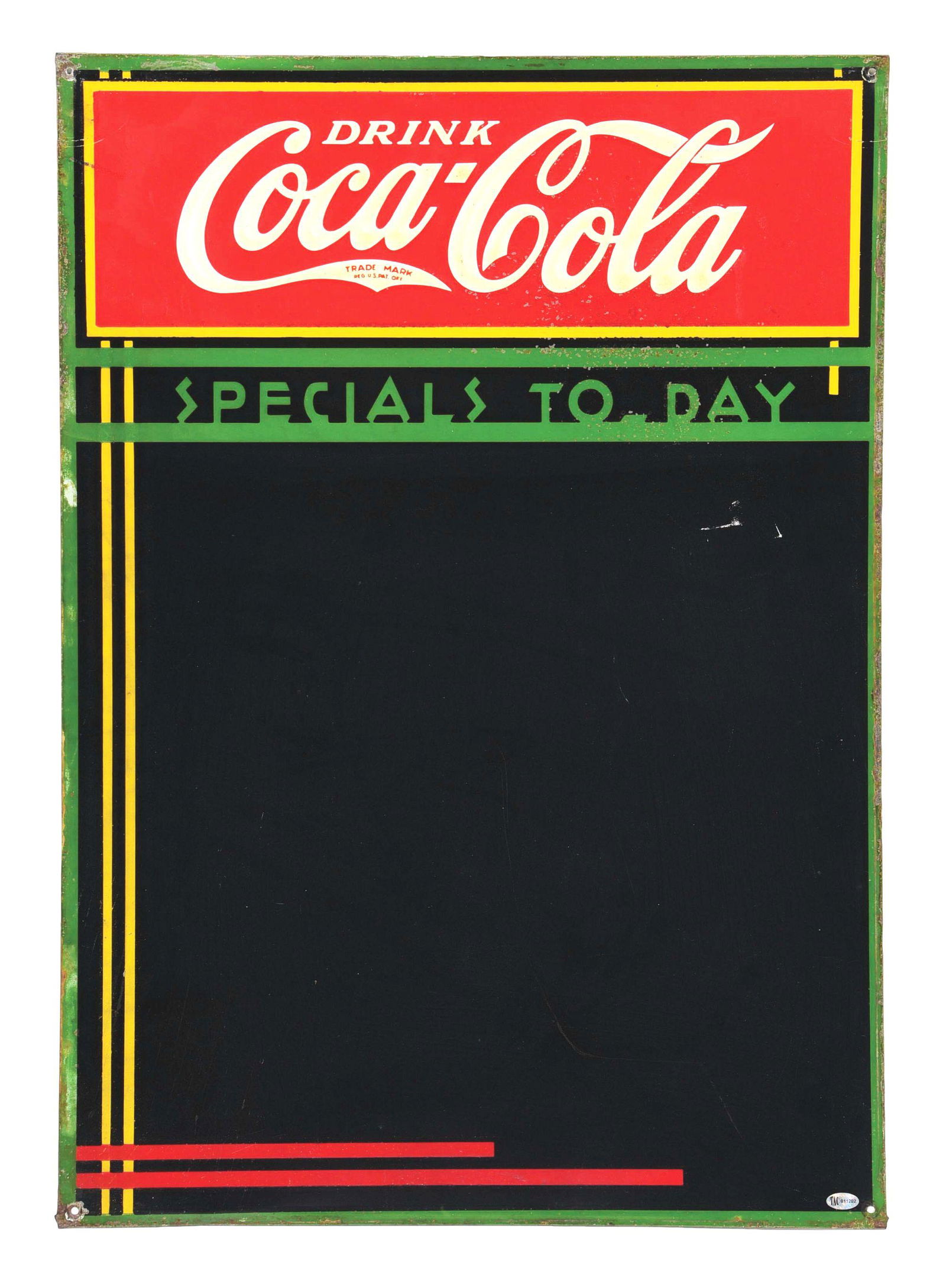 DRINK COCA COLA EMBOSSED TIN CHALKBOARD MENU SIGN. (1 of 2)
