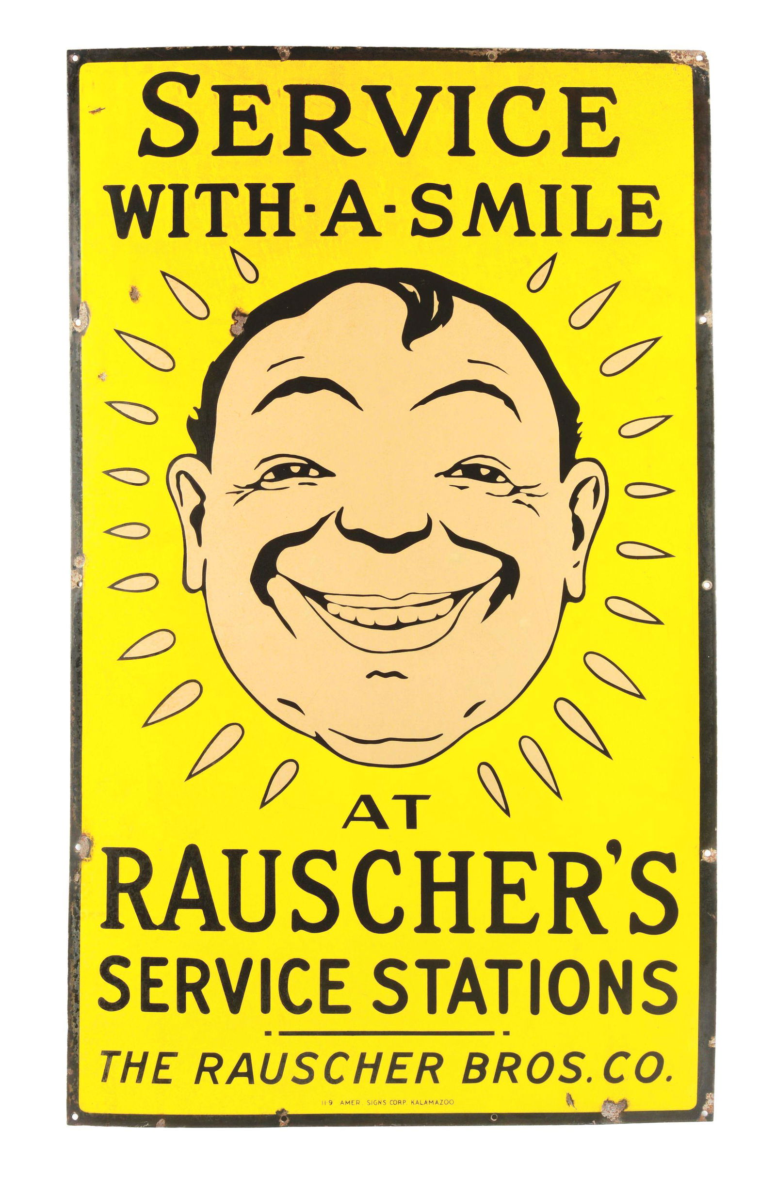 RAUSCHER'S BROTHERS SERVICE WITH A SMILE" PORCELAIN SERVICE STATION SIGN W/ SMILING FACE GRAPHIC. (1 of 3)