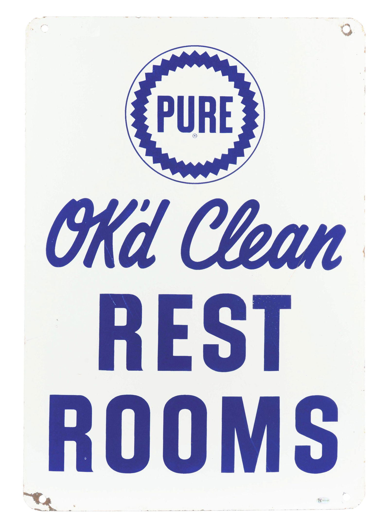 PURE "OK'D CLEAN" REST ROOMS PORCELAIN SERVICE STATION SIGN W/ PURE SAWTOOTH GRAPHIC. (1 of 2)