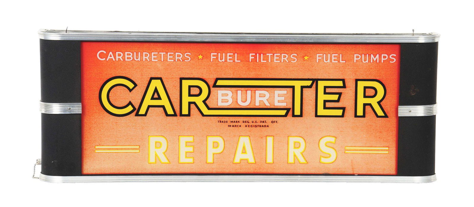 CARBURETER REPAIRS LIGHT UP SERVICE STATION DISPLAY SIGN W/ GLASS FACE. (1 of 2)