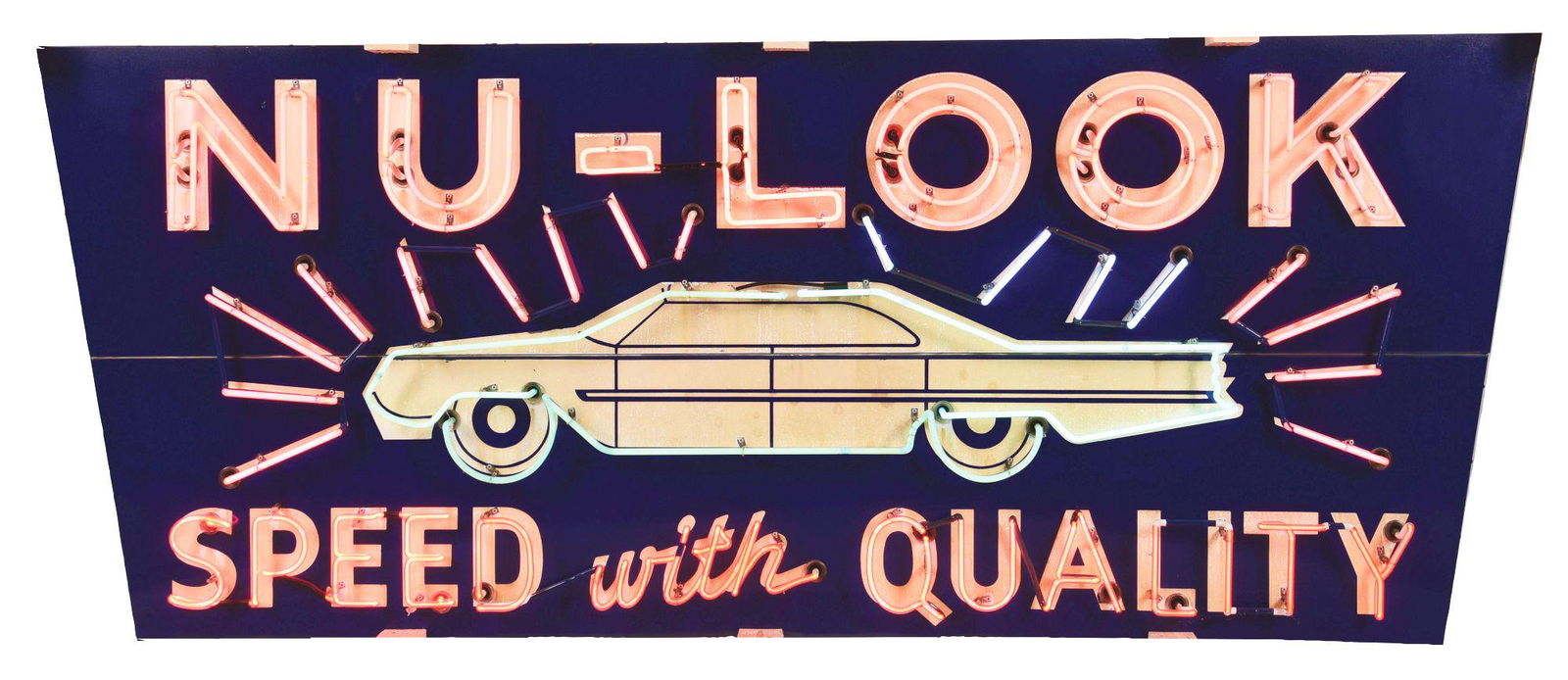NU-LOOK SPEED WITH QUALITY PORCELAIN NEON SIGN W/ CAR GRAPHIC. (1 of 3)