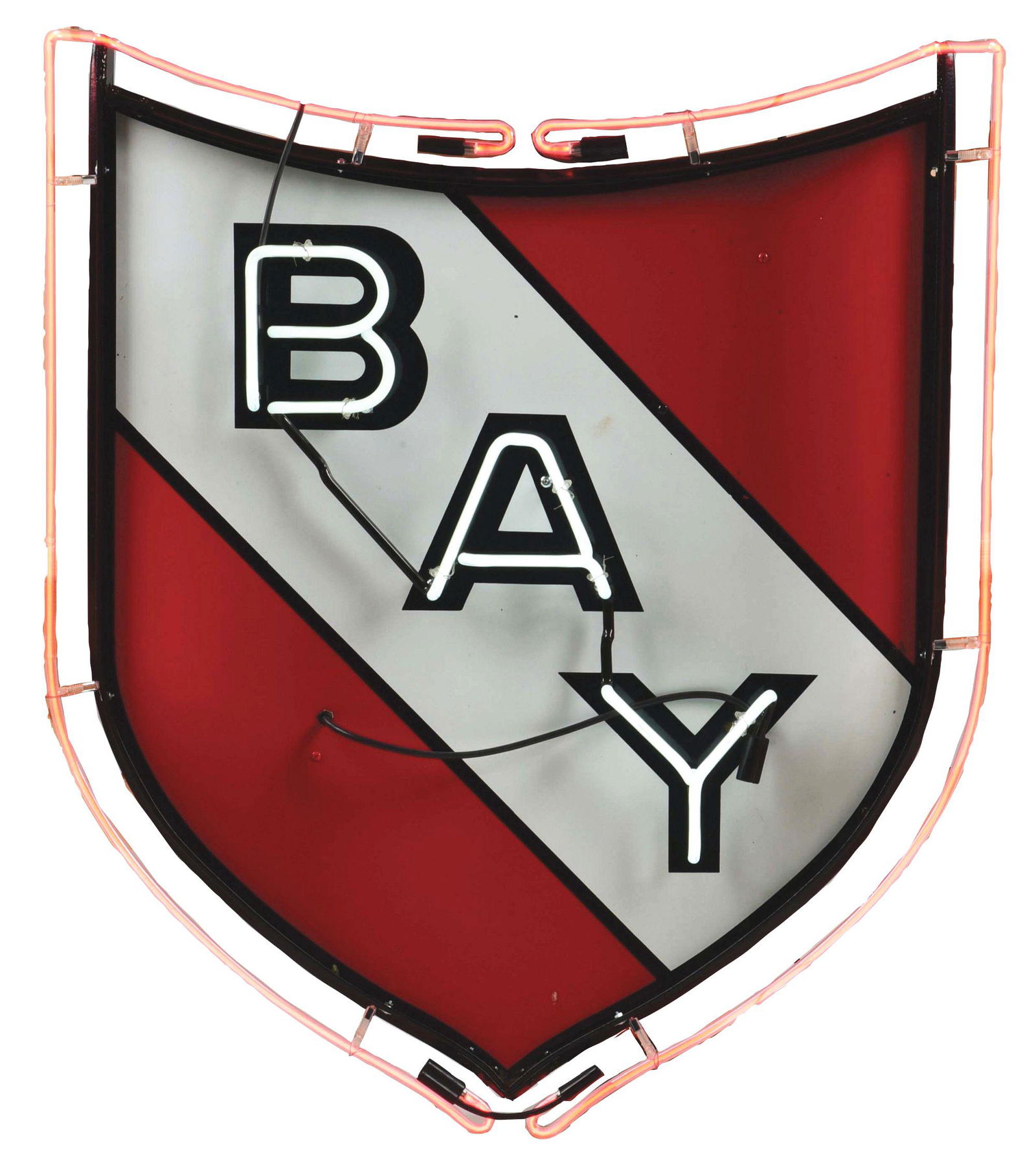 INCREDIBLE CONDITION BAY GASOLINE PORCELAIN NEON SIGN W/ ORIGINAL IRON RING.: DSP. An incredibly clean and most likely New Old Stock example of this Porcelain & Neon Sign from Bay Gasoline. A product of Bay Petroleum, Denver, Colorado. CONDITION: Sign is overall brilliant and o