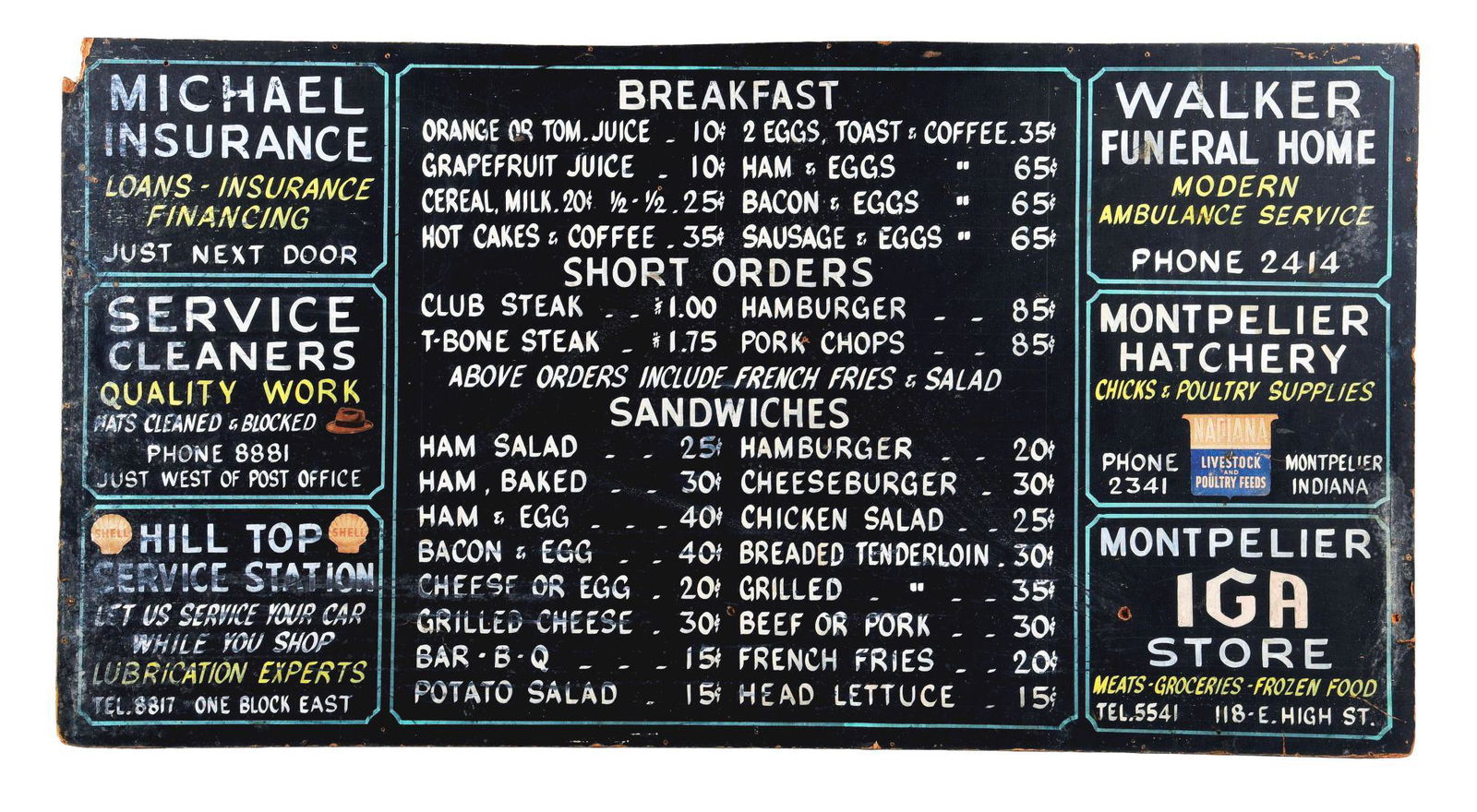 UNIQUE HAND PAINTED MASONITE RESTAURANT MENU BOARD WITH SHELL SERVICE STATION ADVERTISEMENT. (1 of 2)