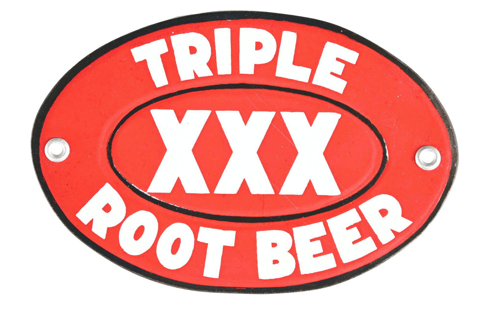 RARE NEW OLD STOCK TRIPLE XXX ROOT BEER PORCELAIN SIGN.: SSP. A very rare C. 1930's New Old Stock Porcelain Sign for Triple XXX Root Beer showing unique red, black & white Porcelain with unique script. A Galveston, Texas brand with prohibition ties to Anheu