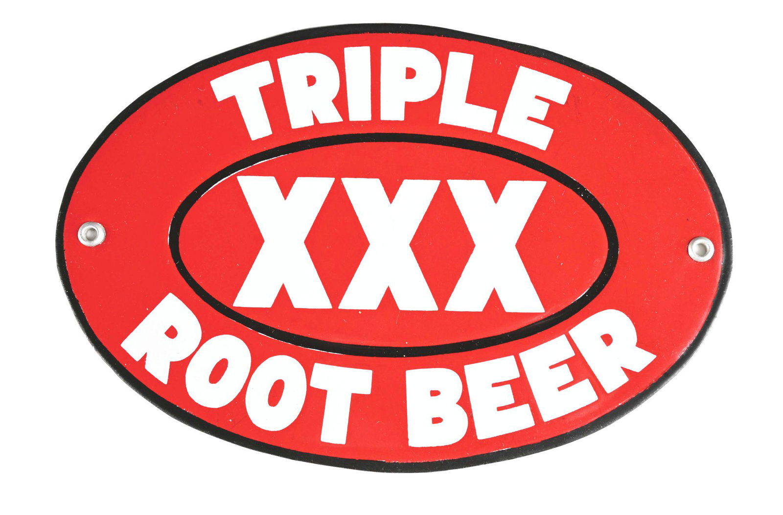 NEW OLD STOCK TRIPLE XXX ROOT BEER PORCELAIN SIGN.: SSP. A very rare C. 1930's New Old Stock Porcelain Sign for Triple XXX Root Beer showing unique red, black & white Porcelain with unique script. A Galveston, Texas brand with prohibition ties to Anheu