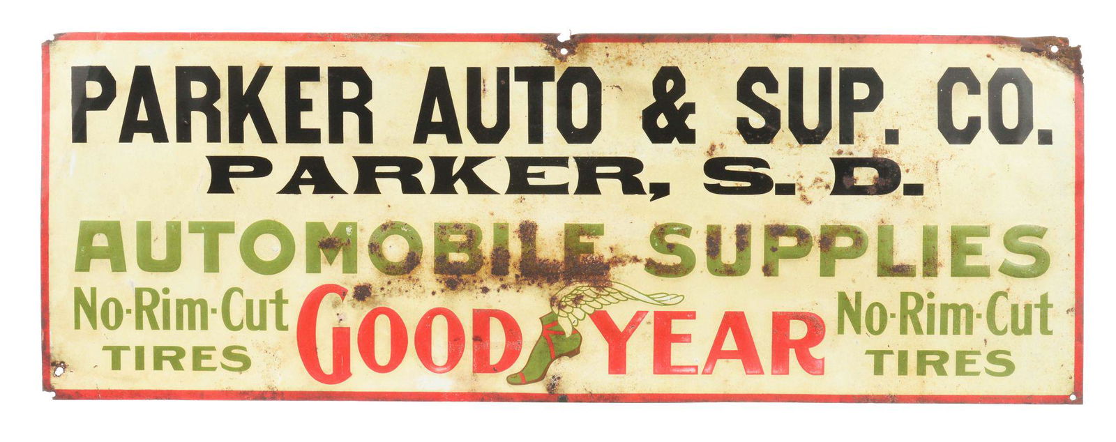 GOODYEAR TIRES & AUTOMOBILE SUPPLIES EMBOSSED TIN SIGN W/ WINGED FOOT GRAPHIC. (1 of 2)