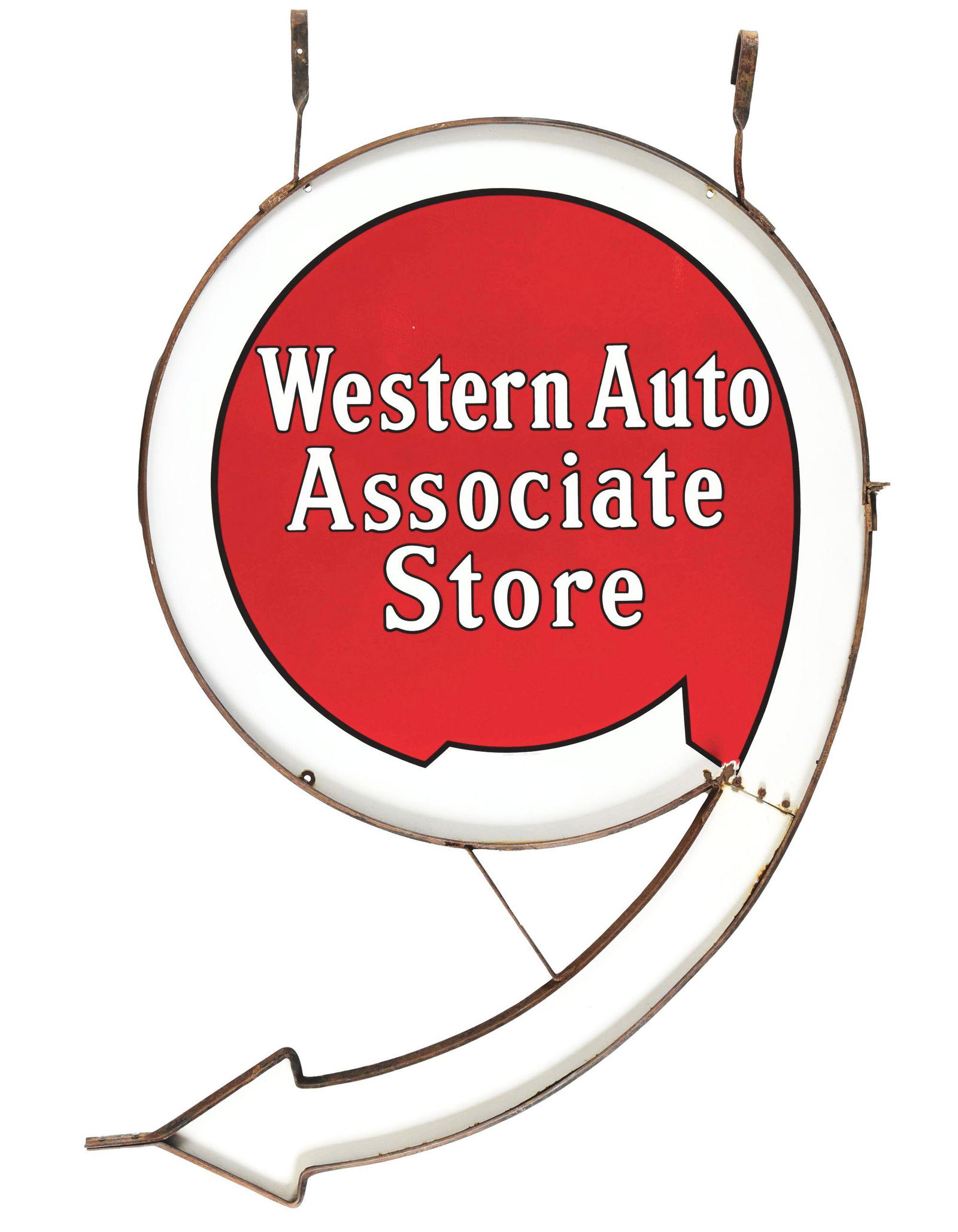 OUTSTANDING WESTERN AUTO ASSOCIATE STORE PORCELAIN ARROW SIGN W/ ORIGINAL RING.: DSP. Sign is Maker Marked Veribrite Signs - Chicago. An outstanding example of this C. 1930's Porcelain Sign from Western Auto Stores showing bright and glossy red, black & white colors with unique Ar