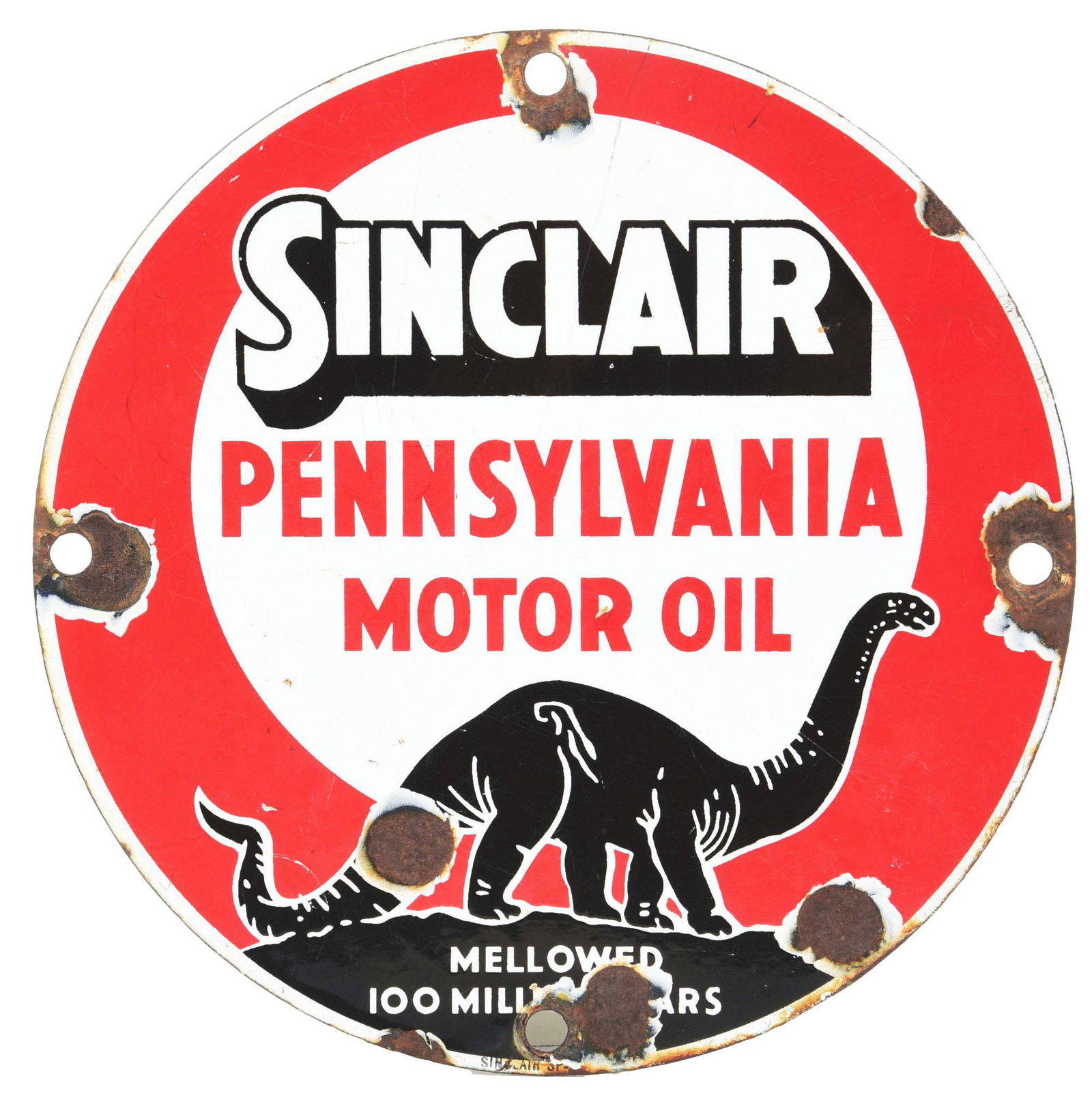 SINCLAIR PENNSYLVANIA MOTOR OIL PORCELAIN SIGN W/ BLACK DINO GRAPHIC. (1 of 2)