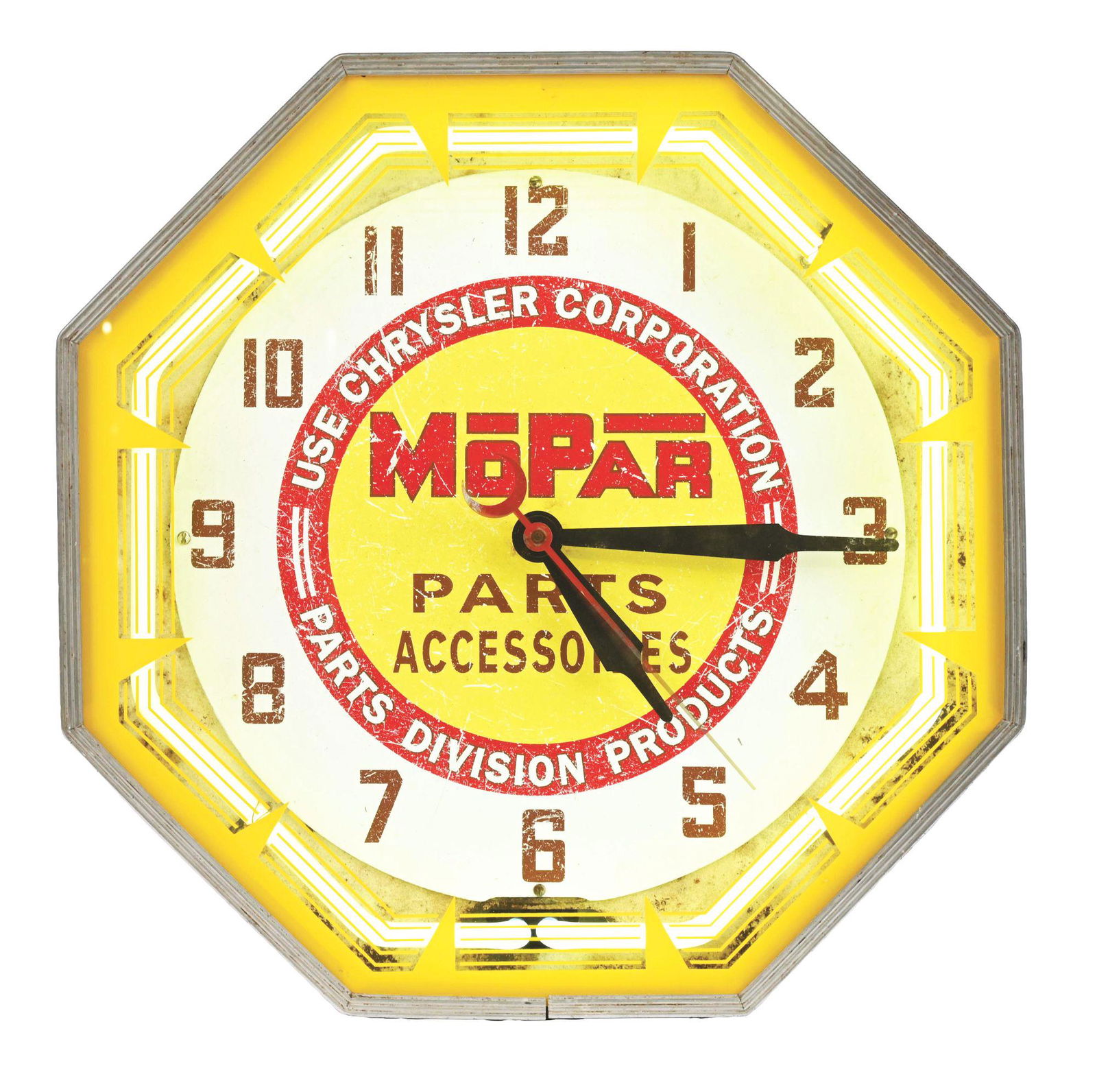 NEON PRODUCTS ADVERTISING CLOCK W/ REPRODUCTION MOPAR PARTS & ACCESSORIES ADVERTISING FACE. (1 of 3)