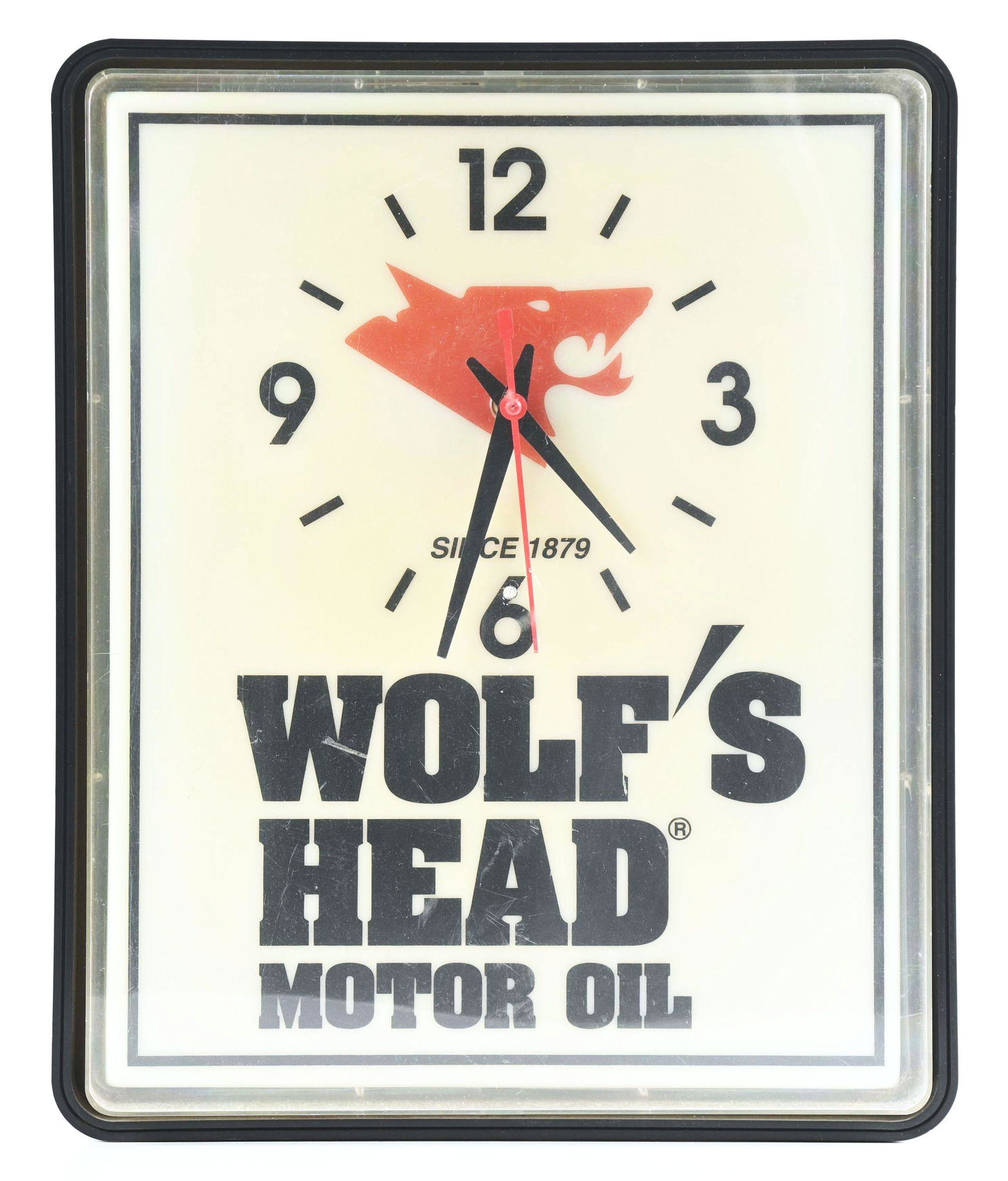 WOLF'S HEAD MOTOR OIL SERVICE STATION LIGHT UP CLOCK. (1 of 3)
