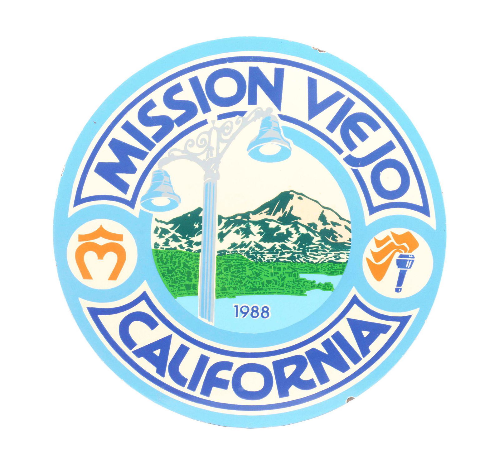 MISSION VIEJO CALIFORNIA PORCELAIN SIGN W/ MOUNTAIN & STREET LIGHT GRAPHIC. (1 of 2)