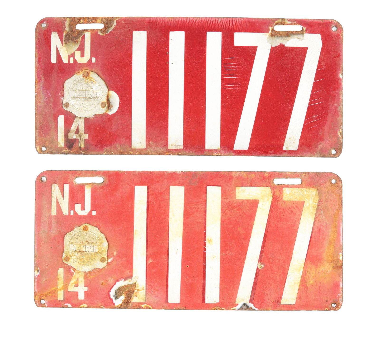 SET OF 2: 1914 PORCELAIN NEW JERSEY LICENSE PLATES. (1 of 2)