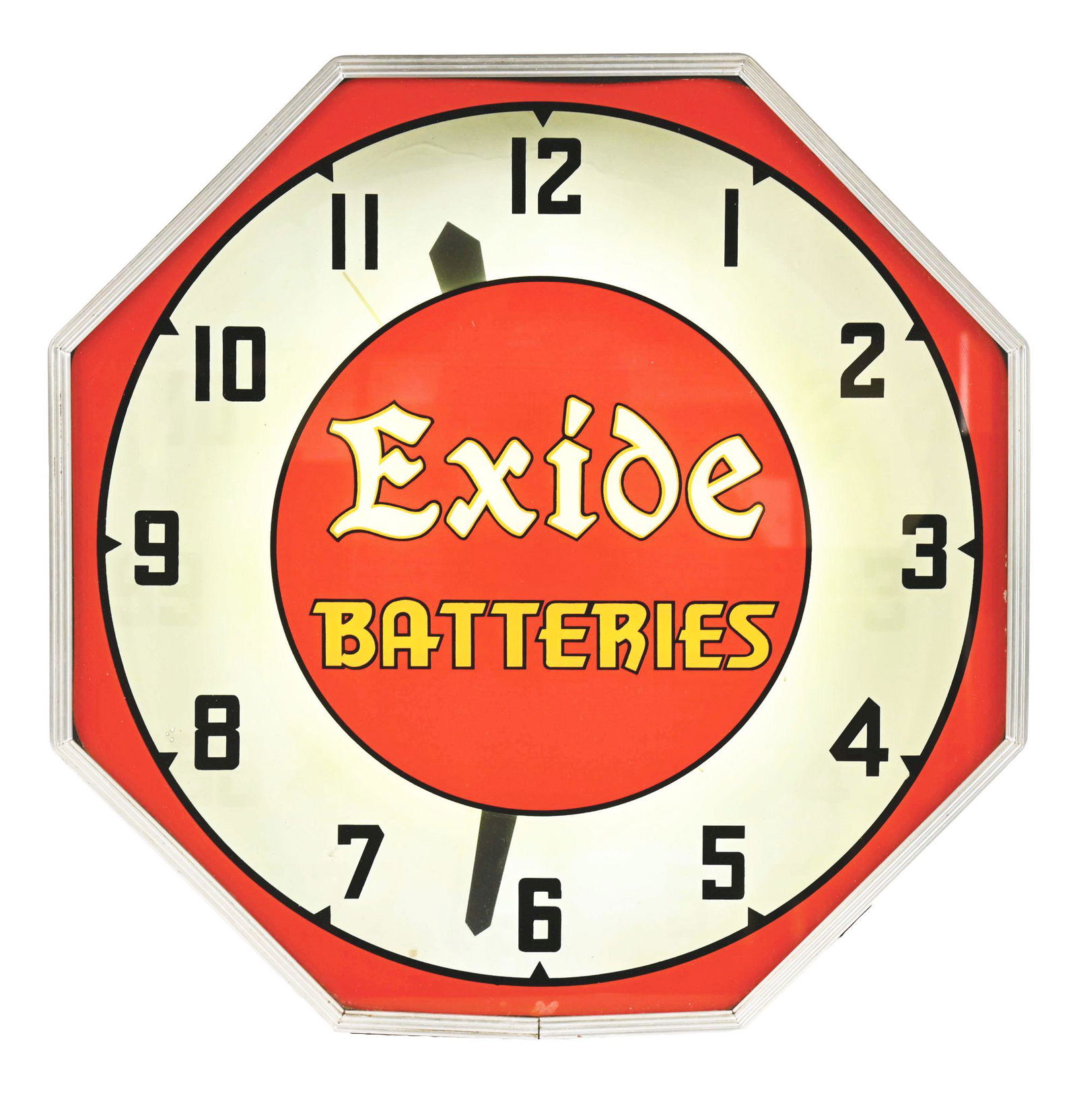 NEON SERVICE STATION ADVERTISING CLOCK W/ EXIDE BATTERIES ADVERTISING FACE. (1 of 3)