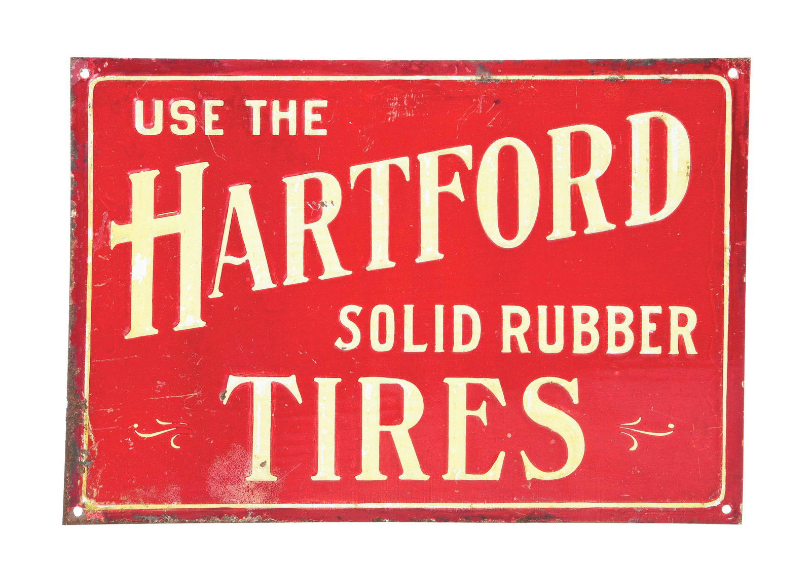 USE THE HARTFORD SOLID RUBBER TIRES EMBOSSED TIN SERVICE STATION SIGN. (1 of 2)
