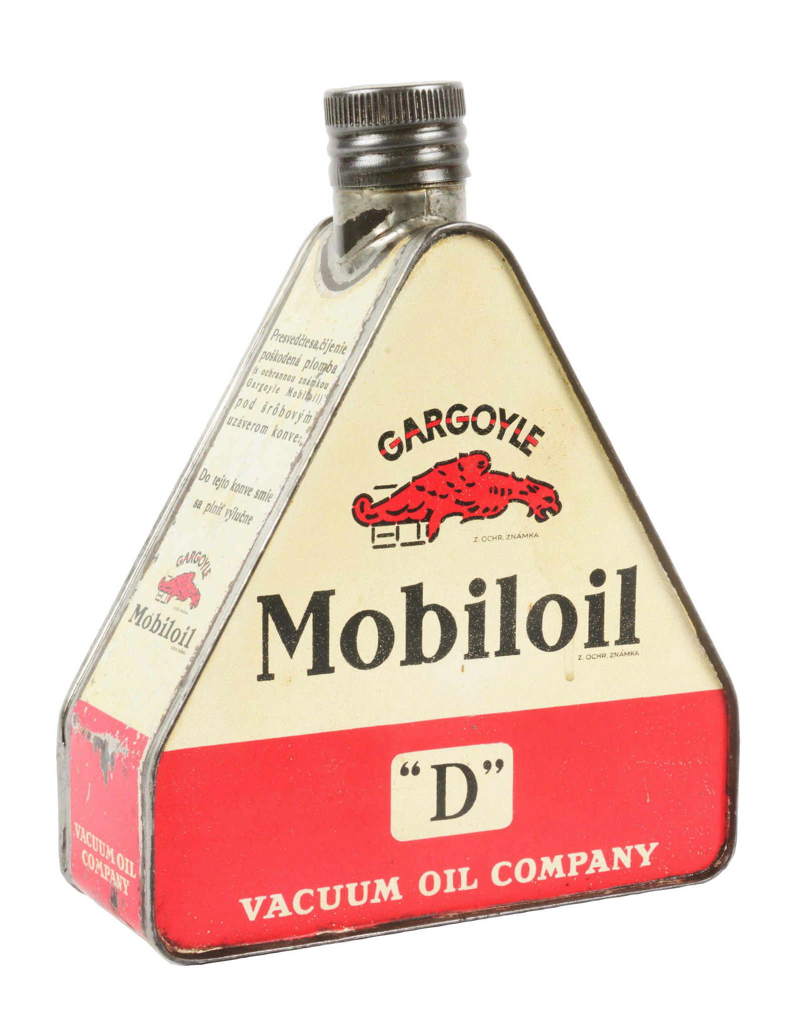 VACUUM OIL COMPANY GARGOYLE MOBILOIL "D" MOTOR OIL CAN. (1 of 5)