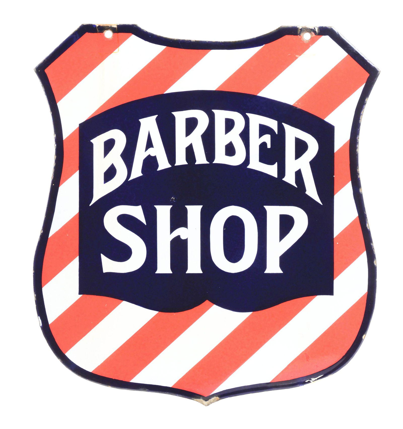 BARBER SHOP PORCELAIN SHIELD SIGN W/ STRIPE GRAPHIC. (1 of 2)