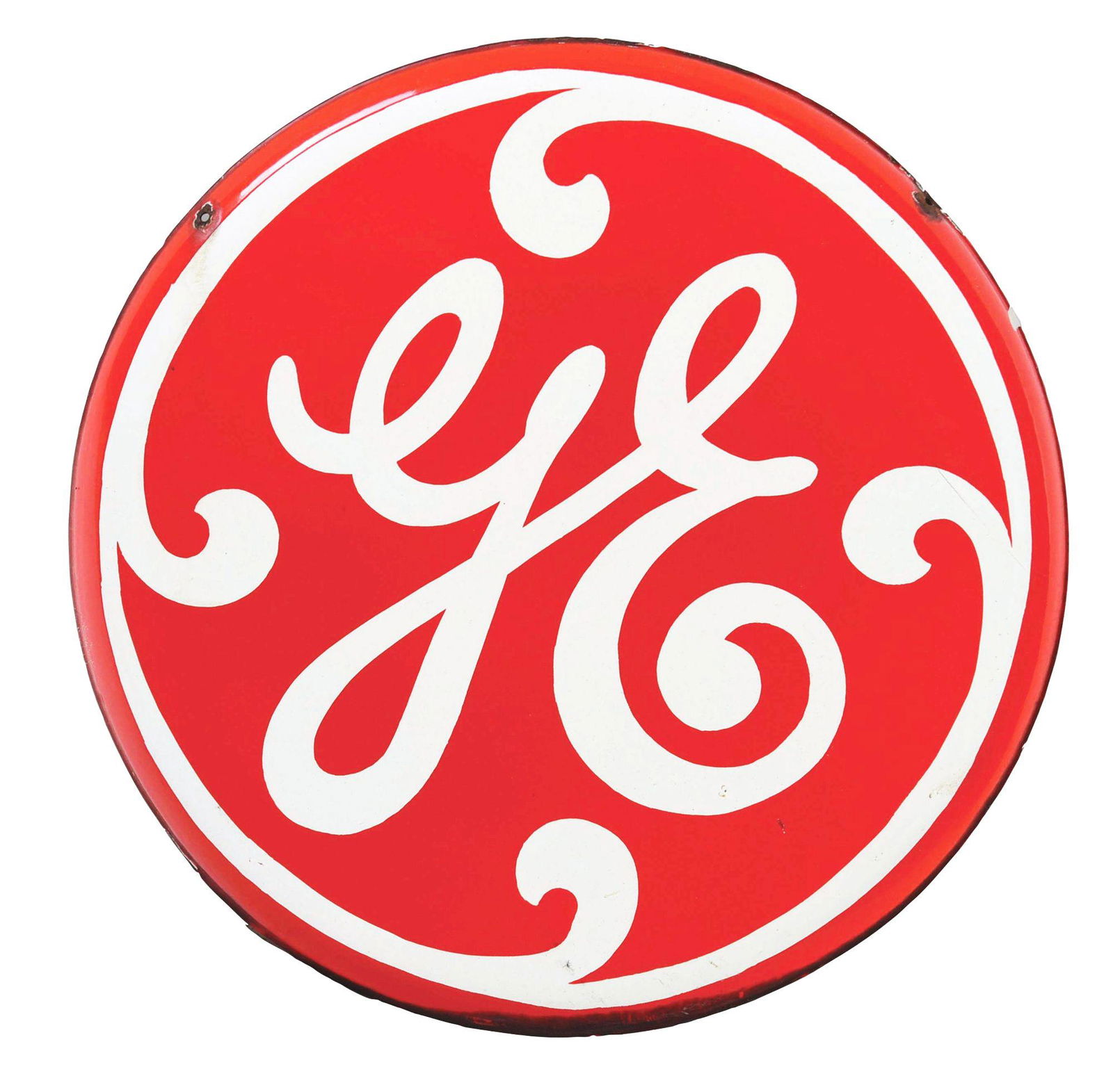 GENERAL ELECTRIC PORCELAIN BUTTON SIGN W/ G.E. LETTERING. (1 of 2)