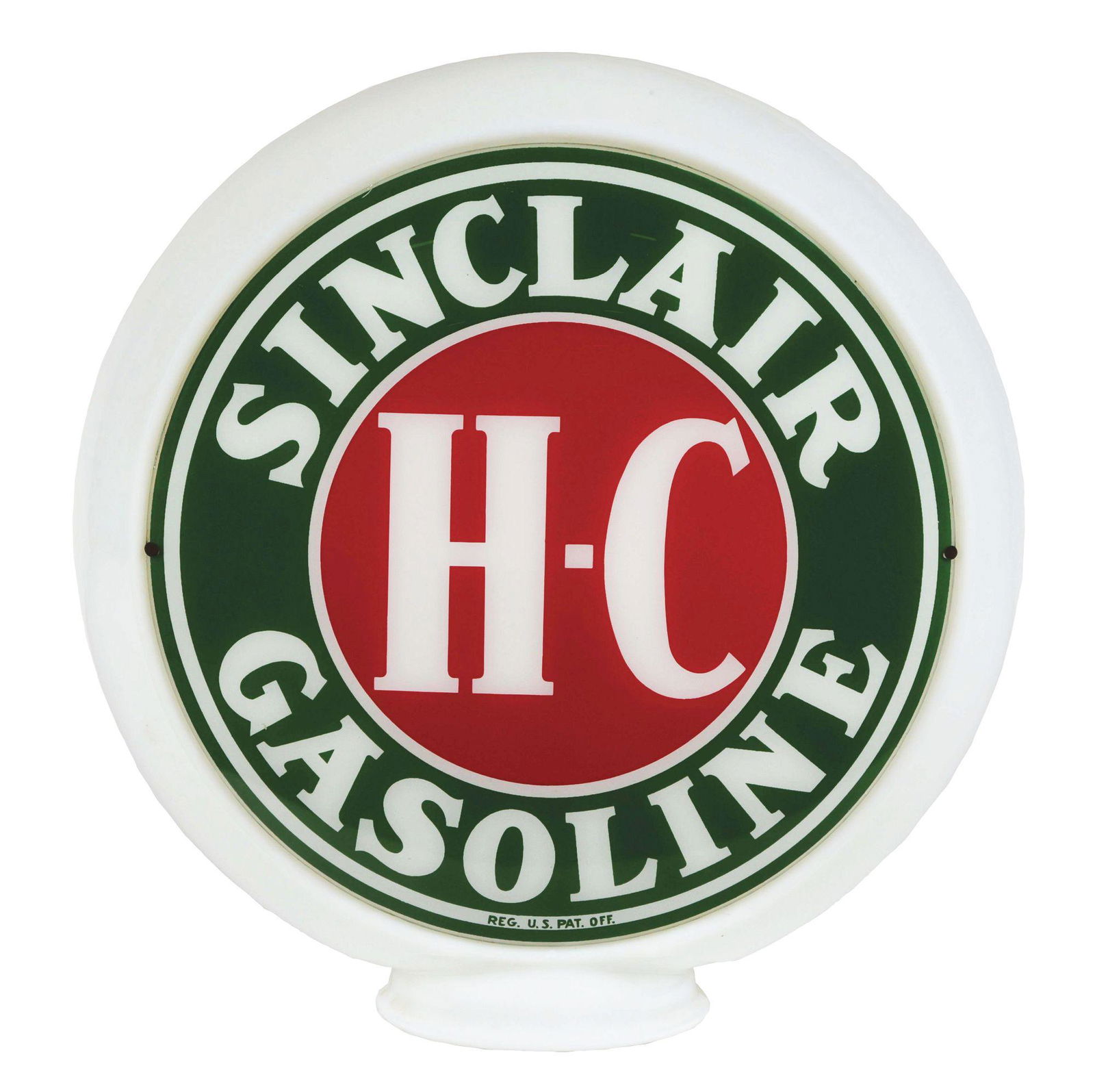 SINCLAIR H-C GASOLINE COMPLETE 13.5" GLOBE ON NARROW MILK GLASS BODY. (1 of 4)