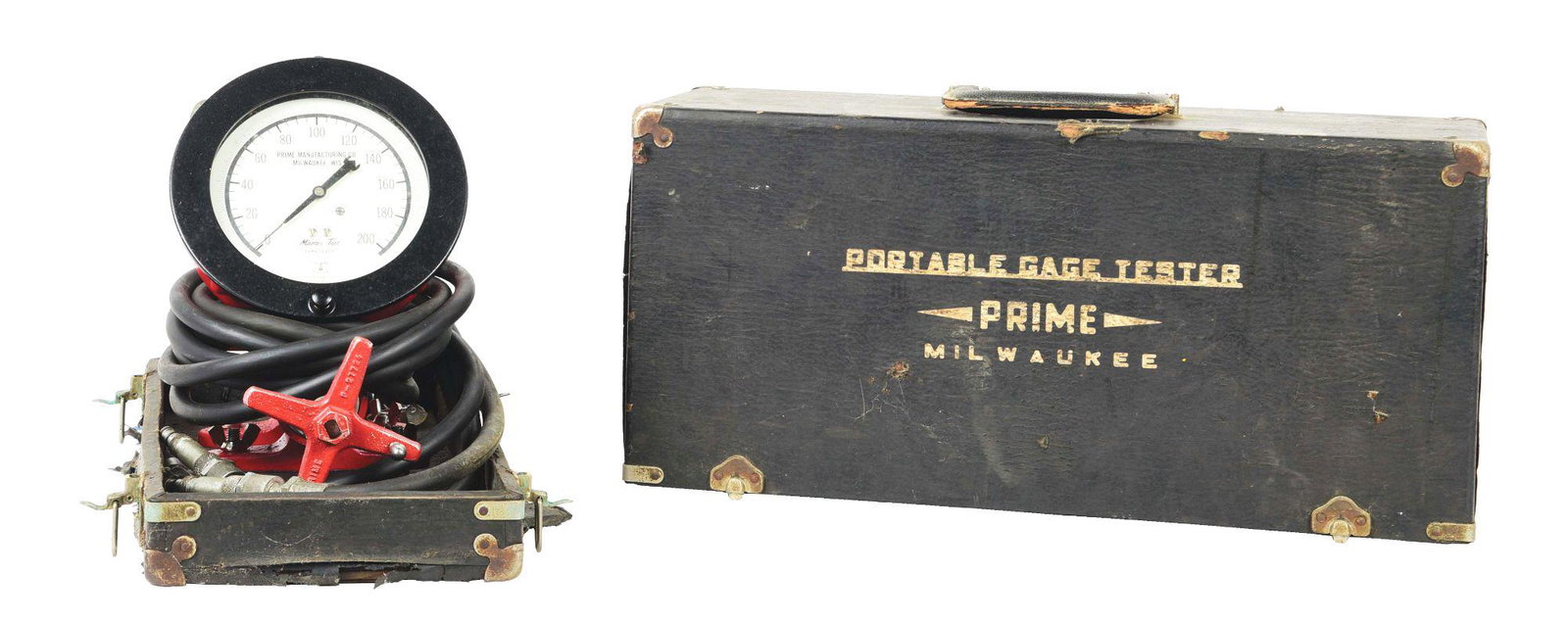 LOCOMOTIVE GAUGE TESTING MACHINE.: PORTABLE GAUGE TESTER, PRIME, Milwaukee in gold lettering on containment case. This unit is from the C&O Ry Clifton Forge, VA, shops; early diesel era. Case shows significant wear, with tears and soil