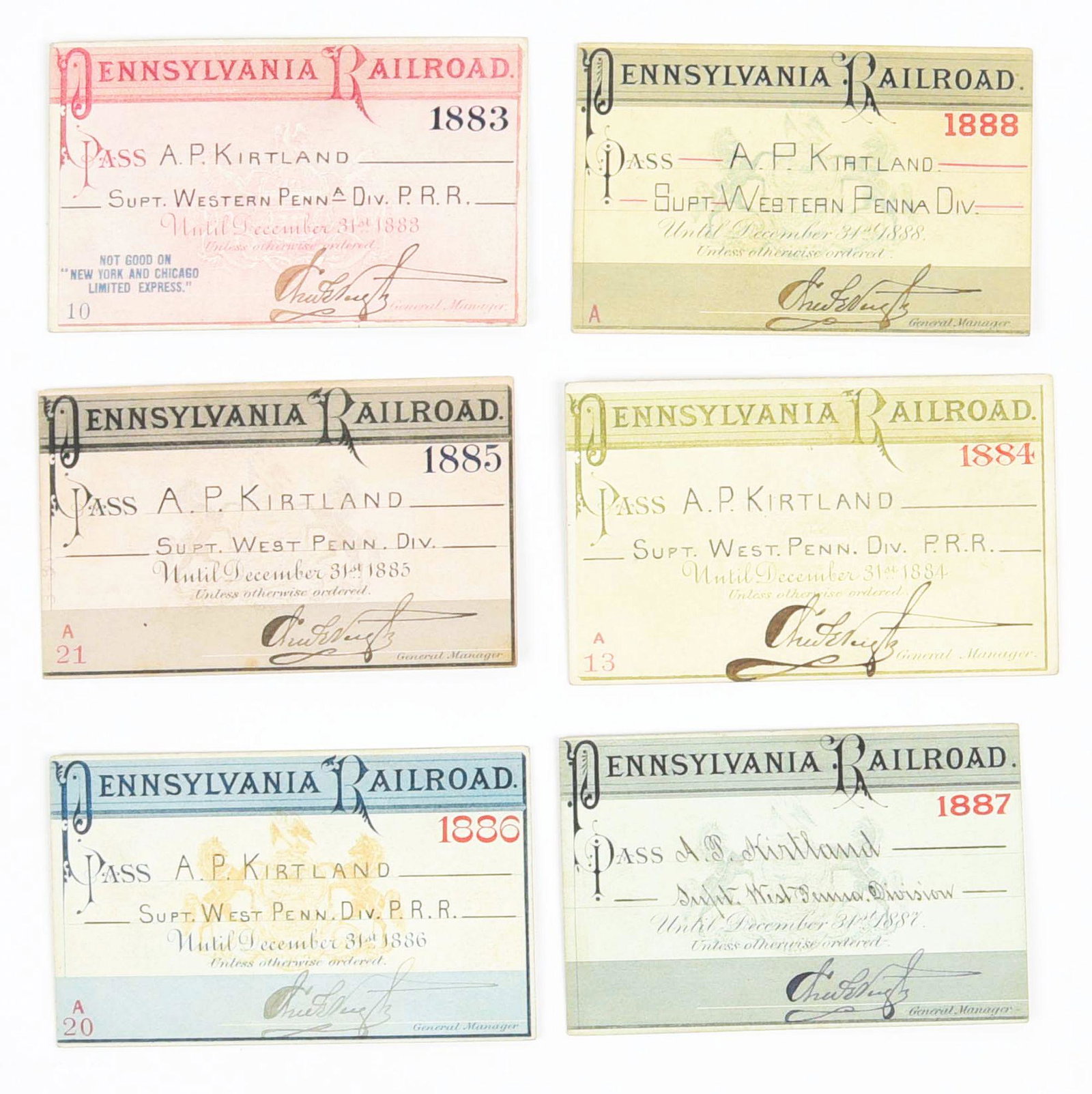 LOT OF 5: PRR TRAVEL PASSES.: All cardstock passes issued to Mr. A. P. Kirtland, Superintendent of the Western Division of the Pennsylvania Railroad, years 1883 to 1887. Condition: (Very Good). Dimensions: Each: 3 - 3/4" x 2 - 3/4