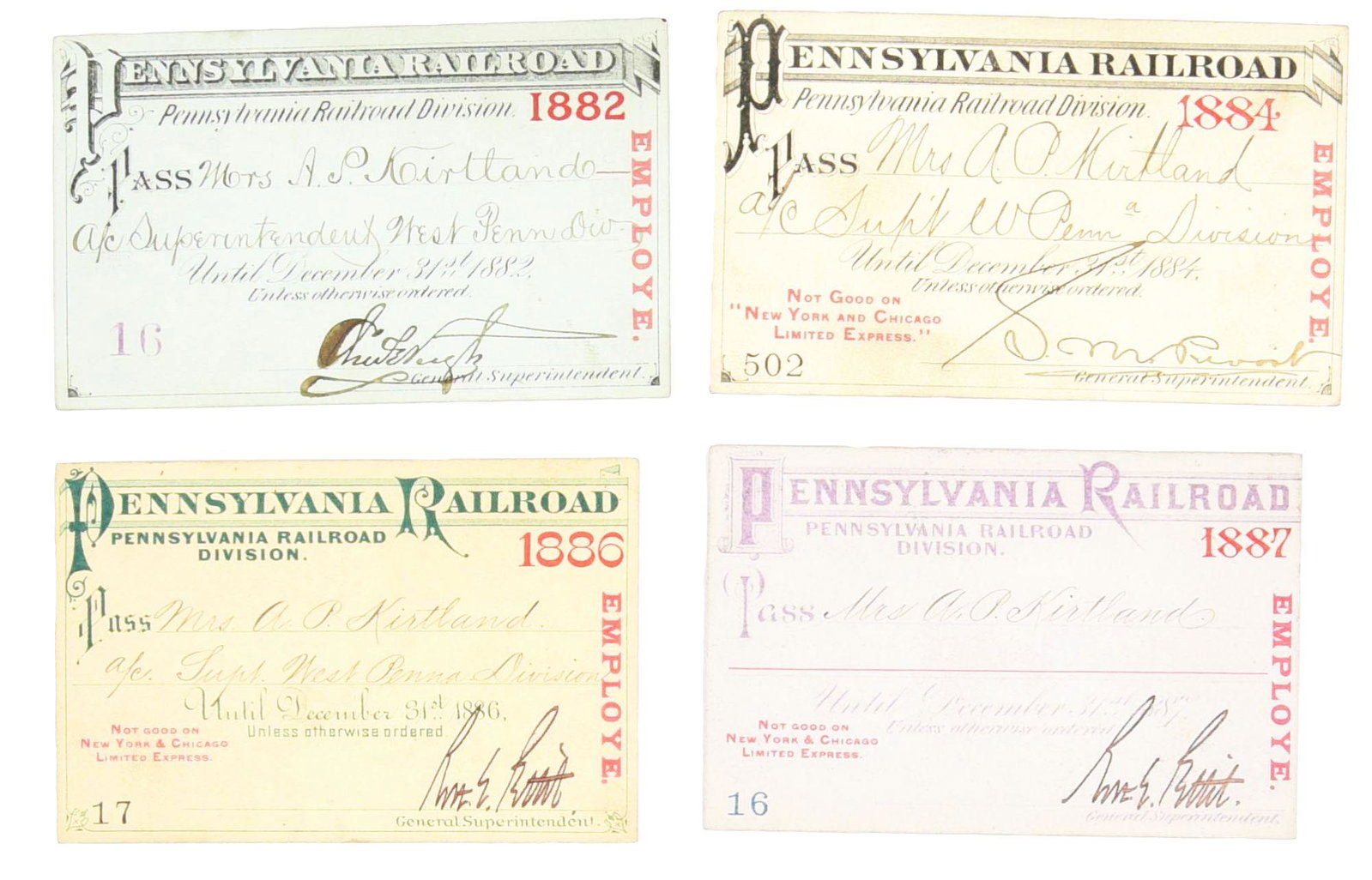 LOT OF 4: PRR TRAVEL PASSES.: Pennsylvania Railroad Division, all cardstock passes issued to Mrs. A. P. Kirtland, years 1882, 1884, 1886 and 1887. Condition: (Very Good). Dimensions: Each: 3 - 3/4" x 2 - 3/4".