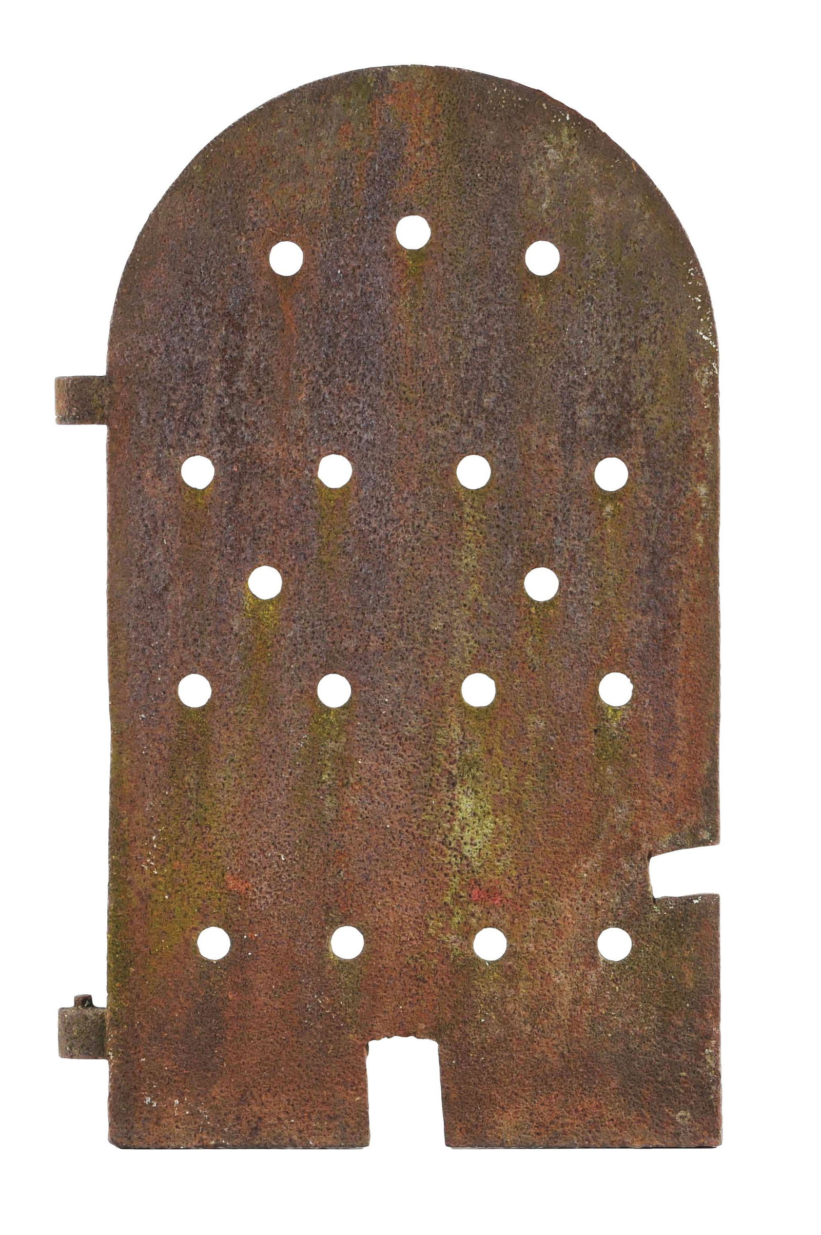 RAILROAD CAST IRON DOOR.: A cast iron door with hinges. "B&O RR CO. 1899" embossed in an arc on a heavily pitted and very rusty face surface. The use of this door is unknown, but when restored could be a very nice wall art pie