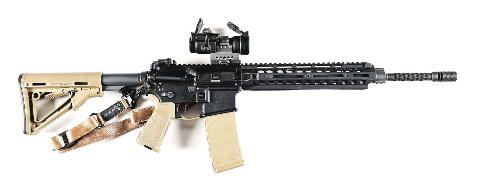 (M) KNIGHTS MANUFACTURING SR-15E3 SEMI AUTOMATIC RIFLE MAGPUL DYNAMICS EDITION WITH CASE.: Very scarce Magpul Dynamics variant of the SR-15 E3, with factory Magpul parts from Knights Armament. Other features include a very scarce Triple Tap muzzle brake and LW URX rail, partly dimpled barre