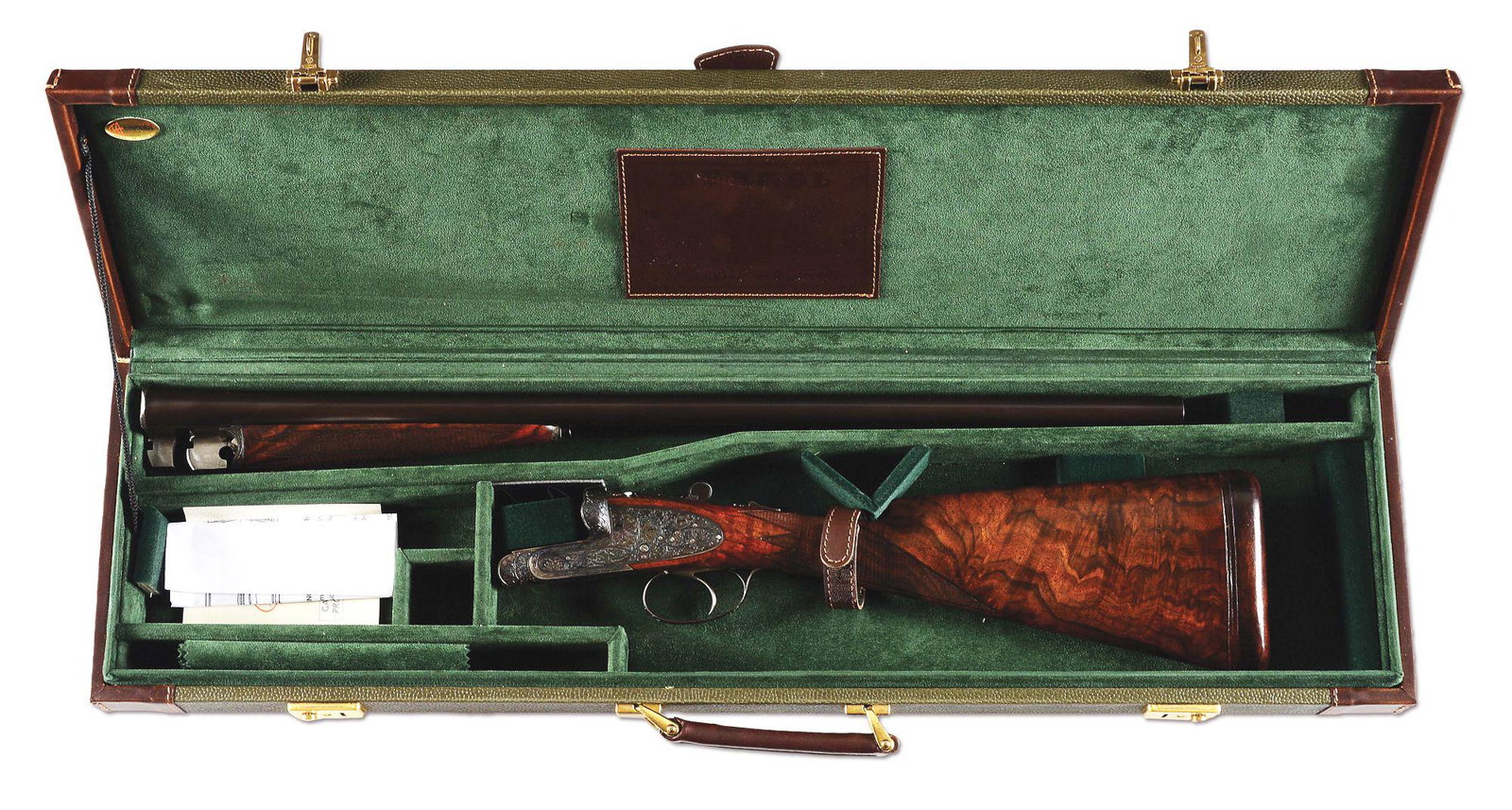 (C) W. FOERSTER SIDE BY SIDE 12 GAUGE SHOTGUN.: German made high grade side by side shotgun by Wilhelm Foerster of Berlin, Germany circa 1930. Blued 26" Nitro Proofed Krupp Steel chopper lump 12 gauge barrels with ejectors, smooth concave rib, bead