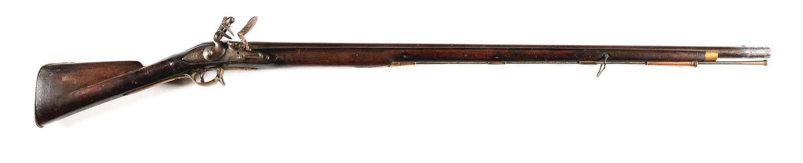 (A) BRITISH SHORT LAND PATTERN 1777 BROWN BESS FLINTLOCK MUSKET.: Of standard configuration with a tapered round barrel with bayonet lug on top, toward muzzle. Lock marked "TOWER" at tail and engraved with large crown over "GR" in center. Standard brass Pattern 1777