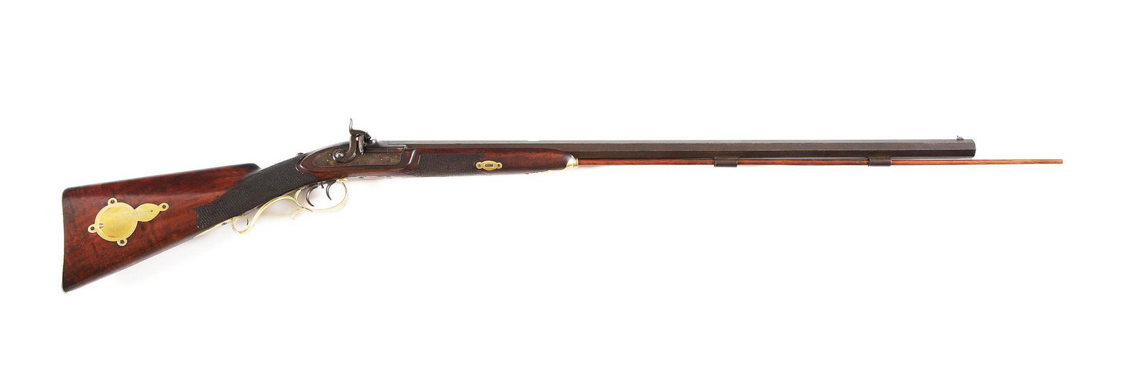(A) HALF STOCK PERCUSSION RIFLE SIGNED "J. C. J. MEYERS BALTIMORE M. D.": Made circa 1850 to 1860. 33 - 1/2" octagon .40 caliber rifled barrel signed "J.C.J. MEYERS BALTIMORE MD" in script on top barrel flat, with post target type front sight, empty rear dovetail, and tang 