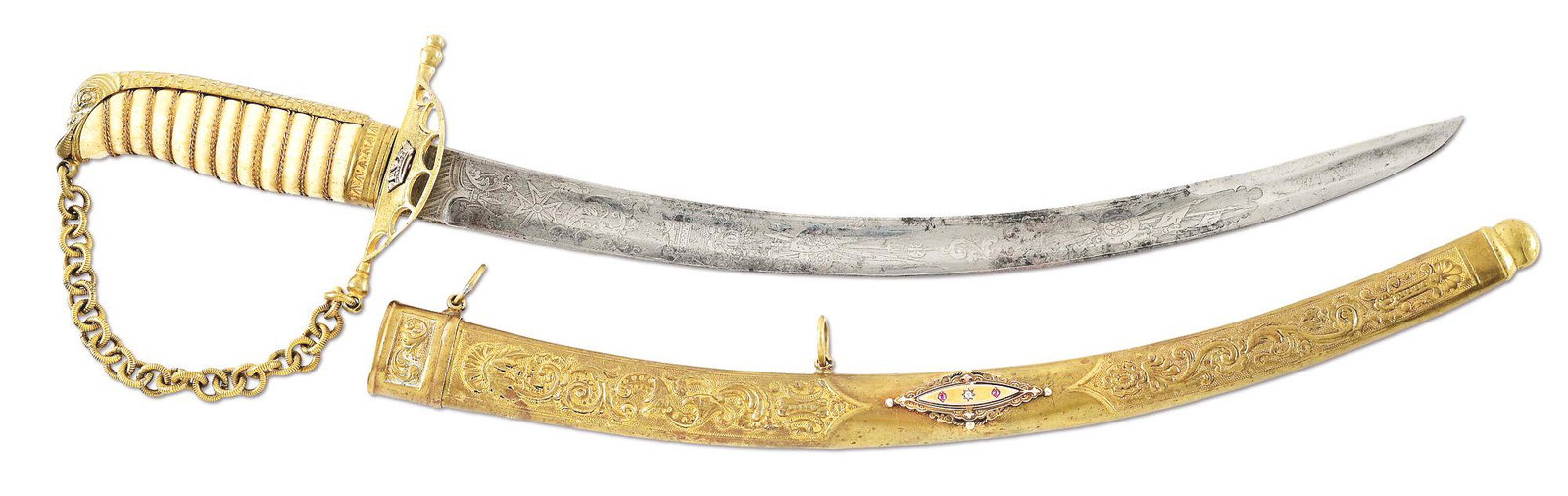 NAPOLEONIC BRITISH NAVAL DIRK WITH SCIMITAR BLADE AND GEMSTONES ON SCABBARD.: Napoleonic dirk with 11" blade with single fuller that runs for nearly the whole length of the blade. Blade is acid etched on both sides with patriotic designs including stands of arms, floral scroll,