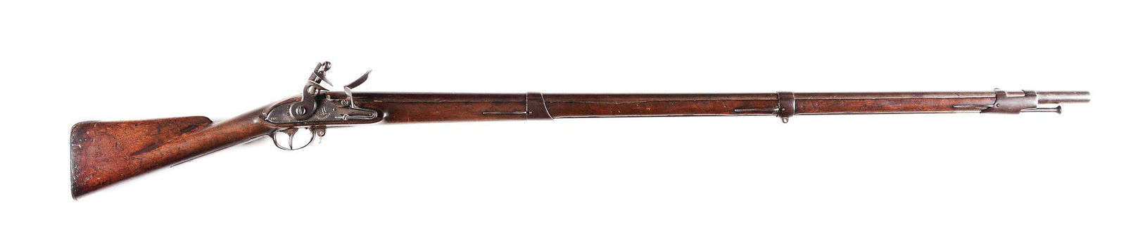 (A) US M1795 FLINTLOCK MUSKET BY SPRINGFIELD.: Standard configuration throughout. Lock is marked "US / (Eagle) / SPRINGFIELD" ahead of hammer with lock date of 1810 near lock tail, written horizontally. Barrel has typically seen proofs. Buttplate
