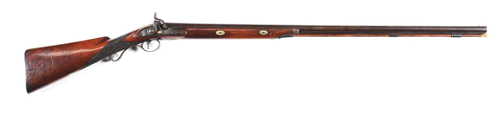 (A) DELICATE FOWLER IDENTIFIED TO A E WARNER, MADE BY HASLETT.: Round browned Damascus barrel with bead front sight, short (approximately 4") sighting plane with "BALTIMORE" poincon at tang (probably originally included "HASLETT"), with an 8-pointed starburst at e