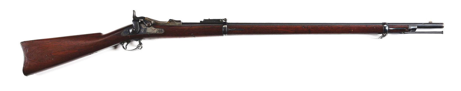 (A) U.S. SPRINGFIELD MODEL 1884 TRAPDOOR RIFLE.: Manufactured in 1889 in military configuration. Standard blued 32 - 5/8" round barrel chambered for .45-70 and proofed at breech "V / P / (Eagle Head)". Blade front sight and "R" marked Buffington rea