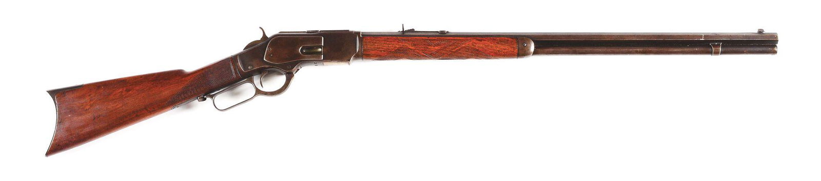 (A) WINCHESTER MODEL 1873 LEVER ACTION RIFLE.: Winchester Third Model 1873 made by the Winchester Repeating Arms Company in 1887. 26" octagonal barrel in .38-40 with Winchester address and King's Improvement markings, pedestal bead front sight, an
