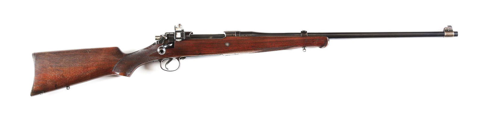 (C) REMINGTON MODEL 30 EXPRESS BOLT ACTION RIFLE.: Remington Model 30 made by Remington Arms Company from 1926 to 1940. Blued 22" round tapered barrel with rifle sights, plugged rear dovetail, marked with Remington address and caliber marking. Blued d