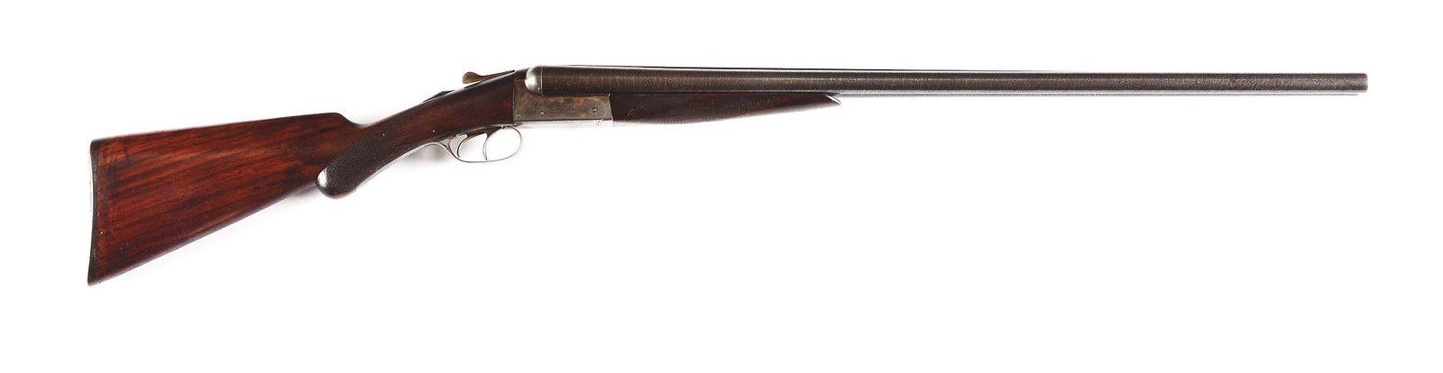 (C) REMINGTON MODEL 1900 SIDE BY SIDE SHOTGUN: Remington Model 1900 made by Remington Arms Company in Ilion, New York from 1900 to 1910. 30" Damascus barrels with matted rib, bead front sight, and extractors. Case hardened boxlock action with doub
