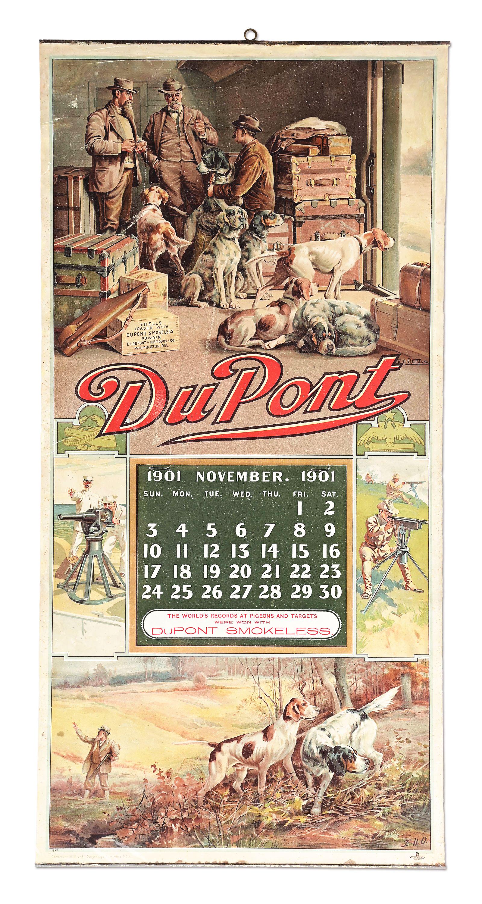 1901 DUPONT POWDER CO. HUNTING SCENES ADVERTISING CALENDAR: Antique DuPont Powder Company color litho vertical format advertising calendar. Stapled calendar is original with last remaining tear sheet being November 1901. Calendar is made up of multiple vignett