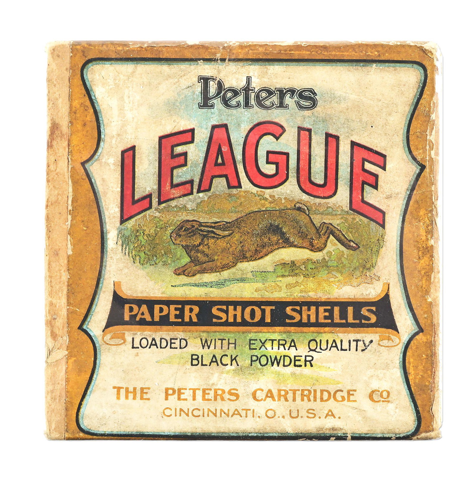 VINTAGE PETERS "LEAGUE" SHOTSHELL BOX.: Empty, 10-Gauge Peters buff color 2-piece shotshell box marked: "Peters / League / Paper Shot Shells", "Loaded with Extra Quality Black Powder". Image of a running rabbit on label center. CONDITION: V