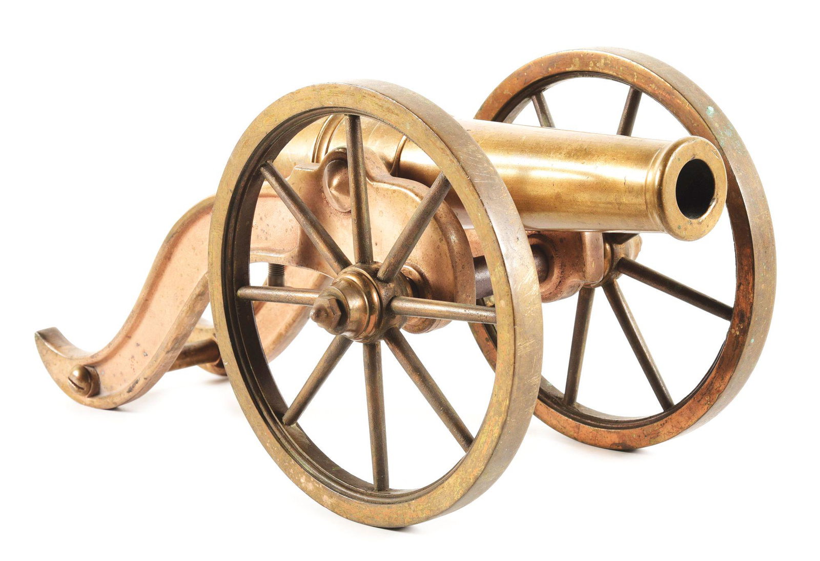 BLACK POWDER BRASS SIGNAL CANNON WITH CARRIAGE.: Vintage all brass wheeled signal gun. Breech reinforced Howitzer style tube is vented for firing, and measures 13 - 1/2" from cascable knob to muzzle with a 1" diameter bore. 9" spoked wheels spin fre