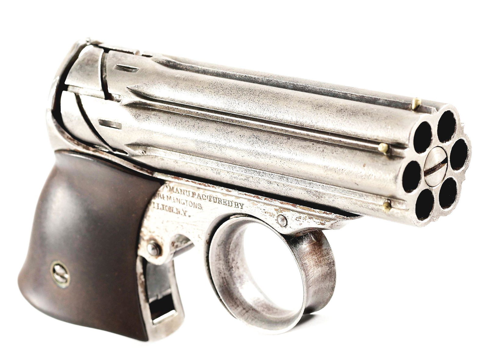(A) RARE REMINGTON ZIG-ZAG PEPPERBOX DERRINGER.: These scarce revolvers were the first handguns that Remington produced to use a metallic cartridge. 6-barrel cluster, each with their own bead front sight, notch rear sight in back of frame which also