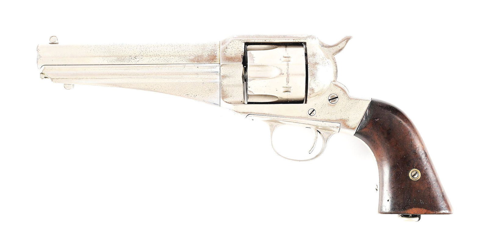 (A) NICKEL FINISHED REMINGTON MODEL 1875 SINGLE ACTION REVOLVER.: 5 - 1/2" barrel with blade front sight and pinched rear sight on top strap. Distinct Remington "batwing" under barrel. "E. REMINGTON & SONS. ILION N.Y. U.S.A." across top of barrel. Left grip marked "
