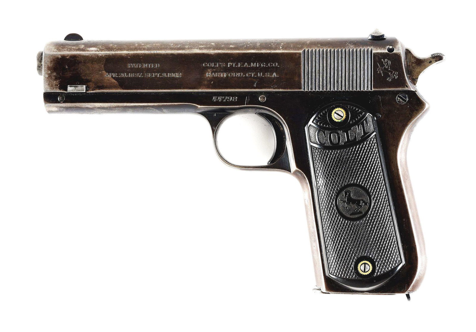 (C) COLT MODEL 1903 POCKET HAMMER SEMI-AUTOMATIC PISTOL (1922).: Manufactured in 1922. Half moon front and rear sights. 2-piece hard rubber grip panels with the rampant Colt logo and "COLT" on each grip. Detachable box magazine. CONDITION: Gun has approximately 40%