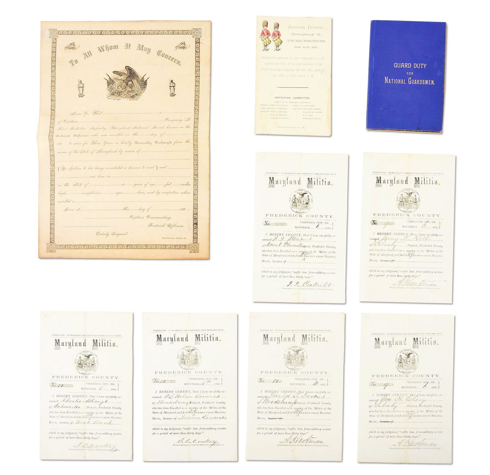 LOT OF 8 CIVIL WAR AND POST-CIVIL WAR MARYLAND MILITIA DOCUMENTS.: Lot consists of 8 items: (A) 6 disability certificates, all dated November 1862, from examining surgeons of the enrolled militia for Frederick County for exemption of different men from military servi