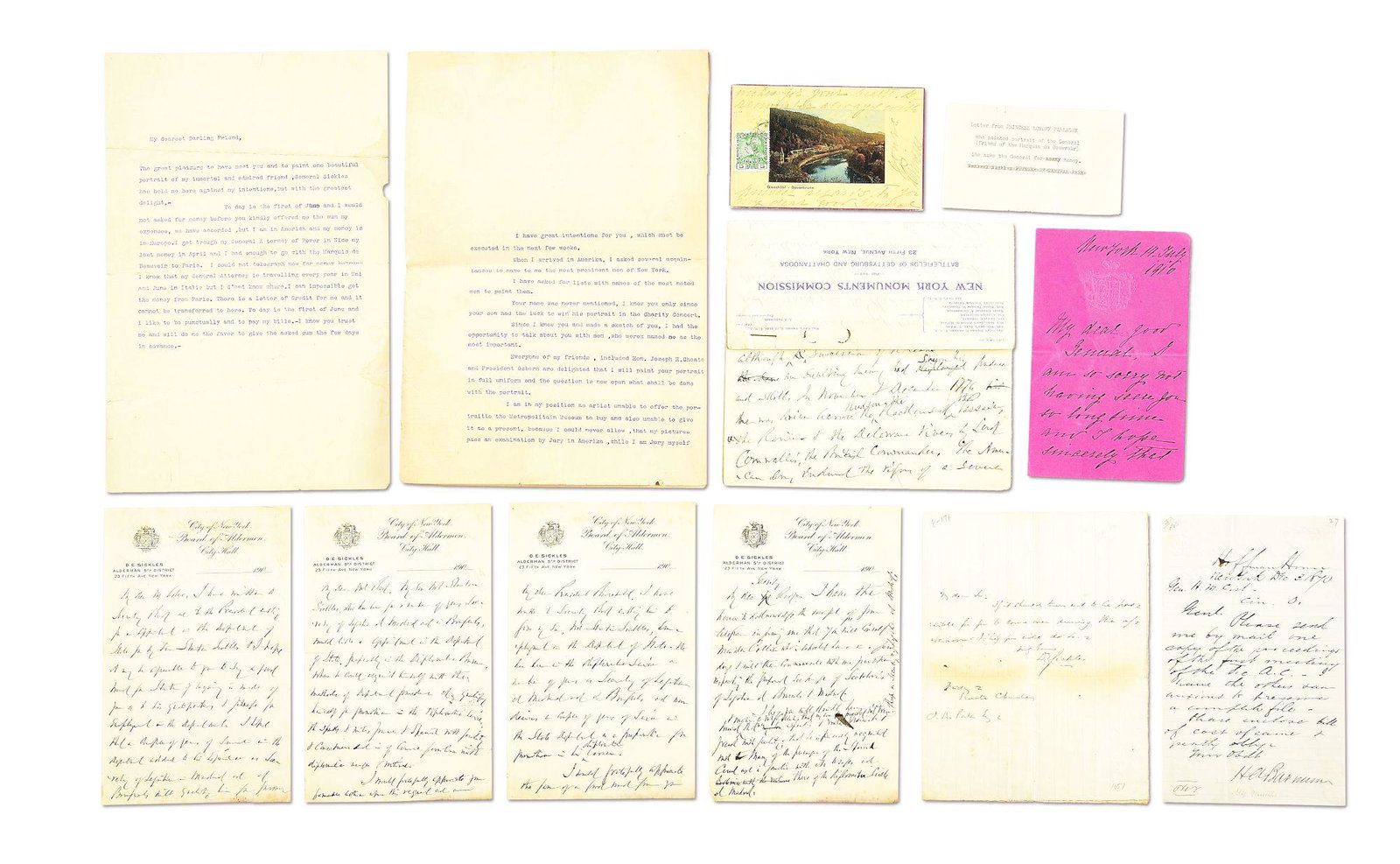 LOT OF DOCUMENTS FROM THE FILES OF GENERAL DANIEL E. SICKLES.: Lot of 11 pieces from the files of General Daniel E. Sickles that consists of: (A) 7 pages that date to 1912 entitled "Washington's Winter Campaign in New Jersey in 1776-7-Plain Evidence of Providenti