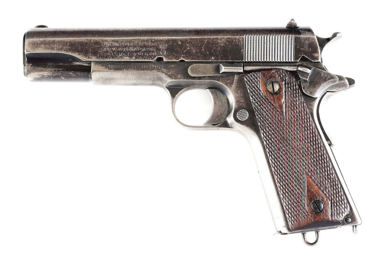 (C) A COLT 1911 SEMI-AUTOMATIC PISTOL WITH A.J. SAVAGE SLIDE.: Savage slide with left side of slide having appropriate 3 line patent information with Savage "S" in flaming bomb. Right side with "MODEL OF 1911. U.S. ARMY". Half moon front sight, U notch flat top r