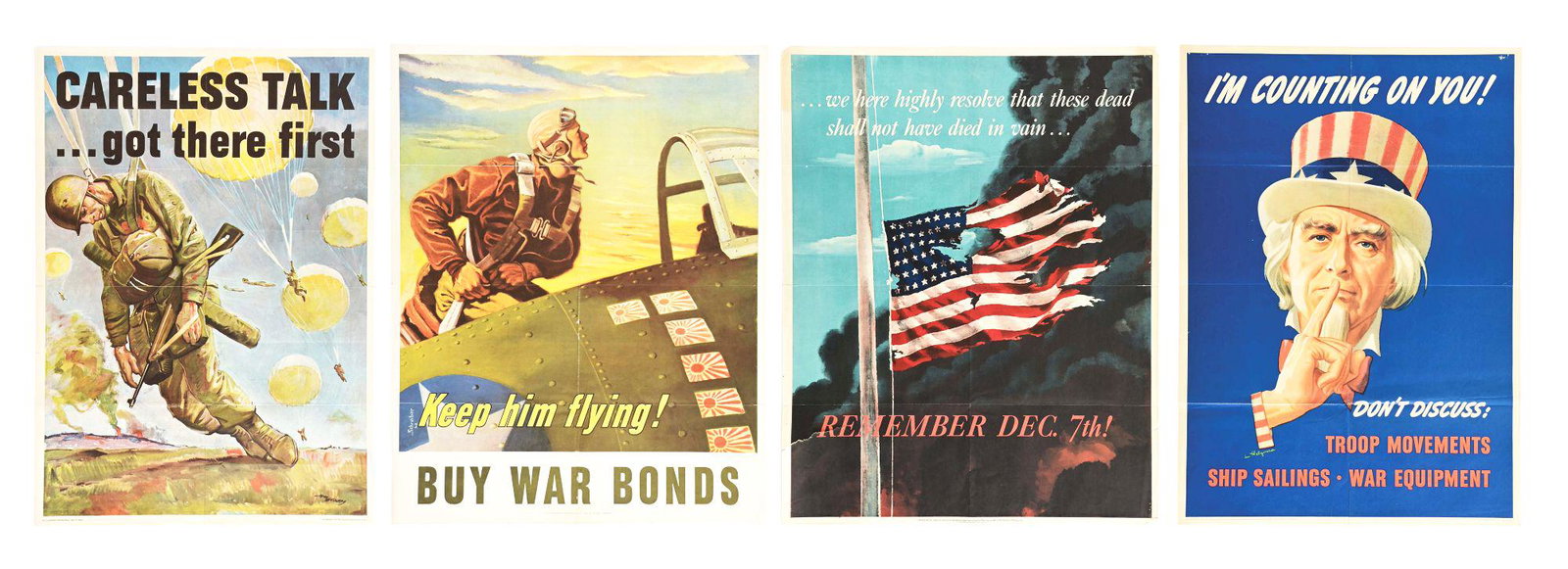 LOT OF 4: US WWII DESIRABLE WAR BOND POSTERS.: Lot consists of: (A) World War II 28" x 20" "I'm Counting On You" poster regarding the discussion of troop movements with desirable graphic of Uncle Sam motioning for silence. (B) WWII 28" x 20" "Care