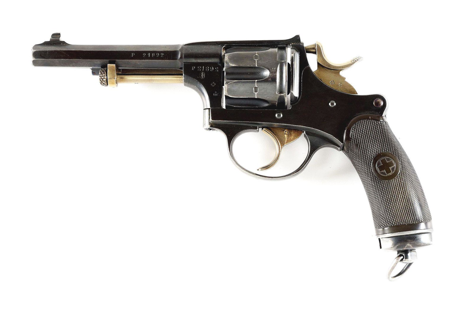 (C) VERY NICE PRIVATE PURCHASE WAFFENFABRIK BERN 1882 ORDNANCE DOUBLE ACTION REVOLVER.: Model 1882 Ordnance revolver manufactured by Waffenfabrik Bern. The left side of the frame bears the serial number "P21892" ("P" prefix indicating that this revolver was a private purchase) above abov
