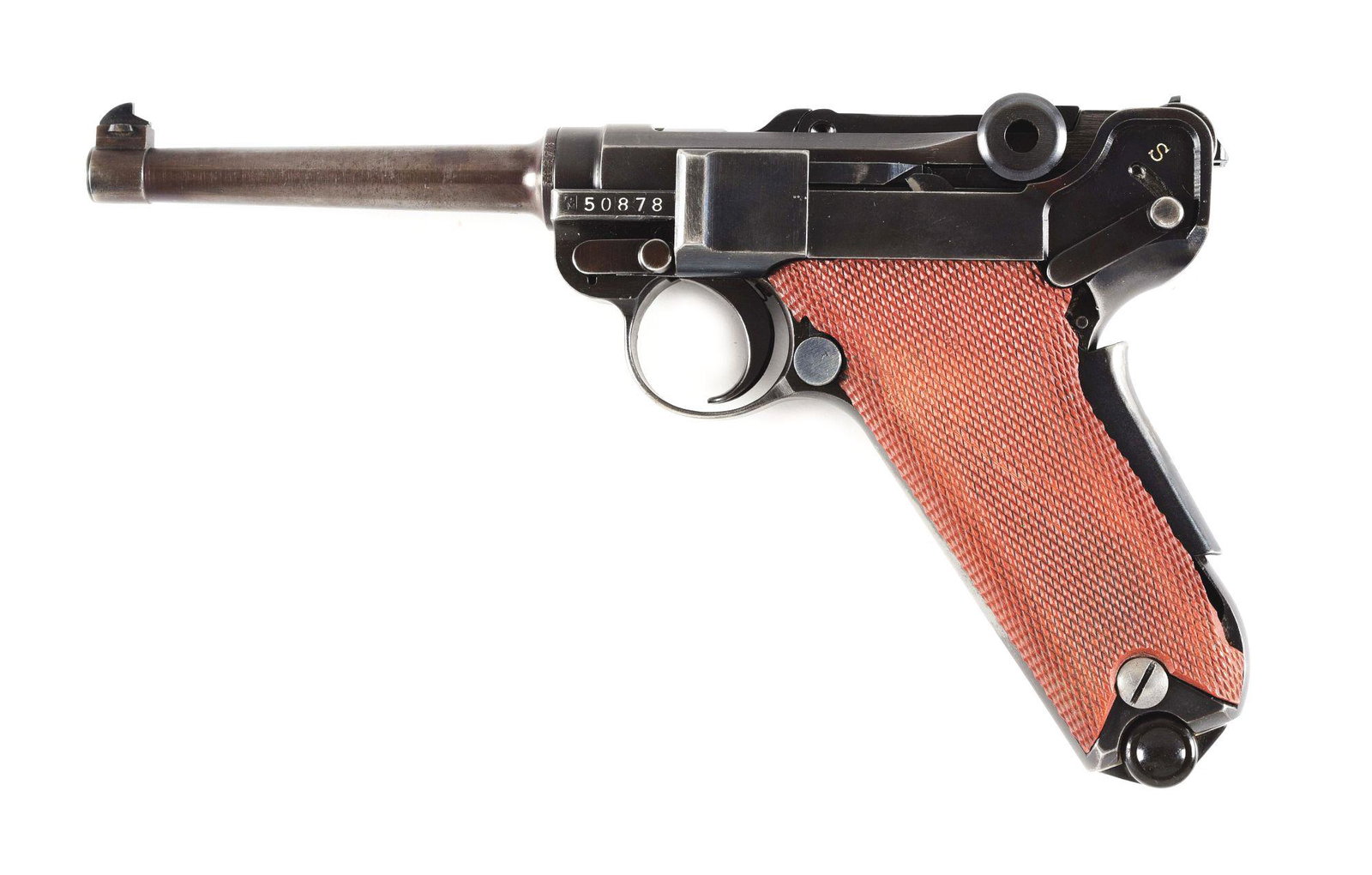 (C) SWISS WAFFENFABRIK BERN MODEL 1929 LUGER SEMI-AUTOMATIC PISTOL WITH UNIT MARKED HOLSTER.: Swiss Model 1929 Luger manufactured by Waffenfabrik Bern in November of 1933. Toggle bears the Swiss cross within a shield, with the rear of the frame bearing W+F's encircled logo. Interior of frame i