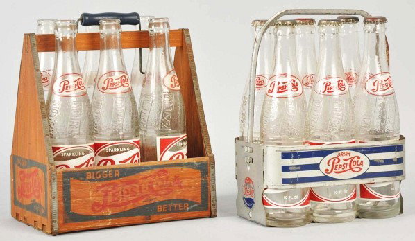 Lot of 2: Pepsi-Cola 6-Pack Carriers & Bottles.: Description Includes 1950s bottles and metal carrier along with one 1940s wooden carrier. Very clean overall with only medium wear and marks. Condition (Very Good - Near Mint). Largest: 9 - 1/4" x 8 -